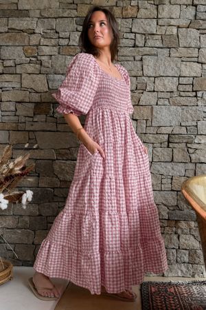 Nonni Gingham Darling Dress Indian Pink Pre order 12 days